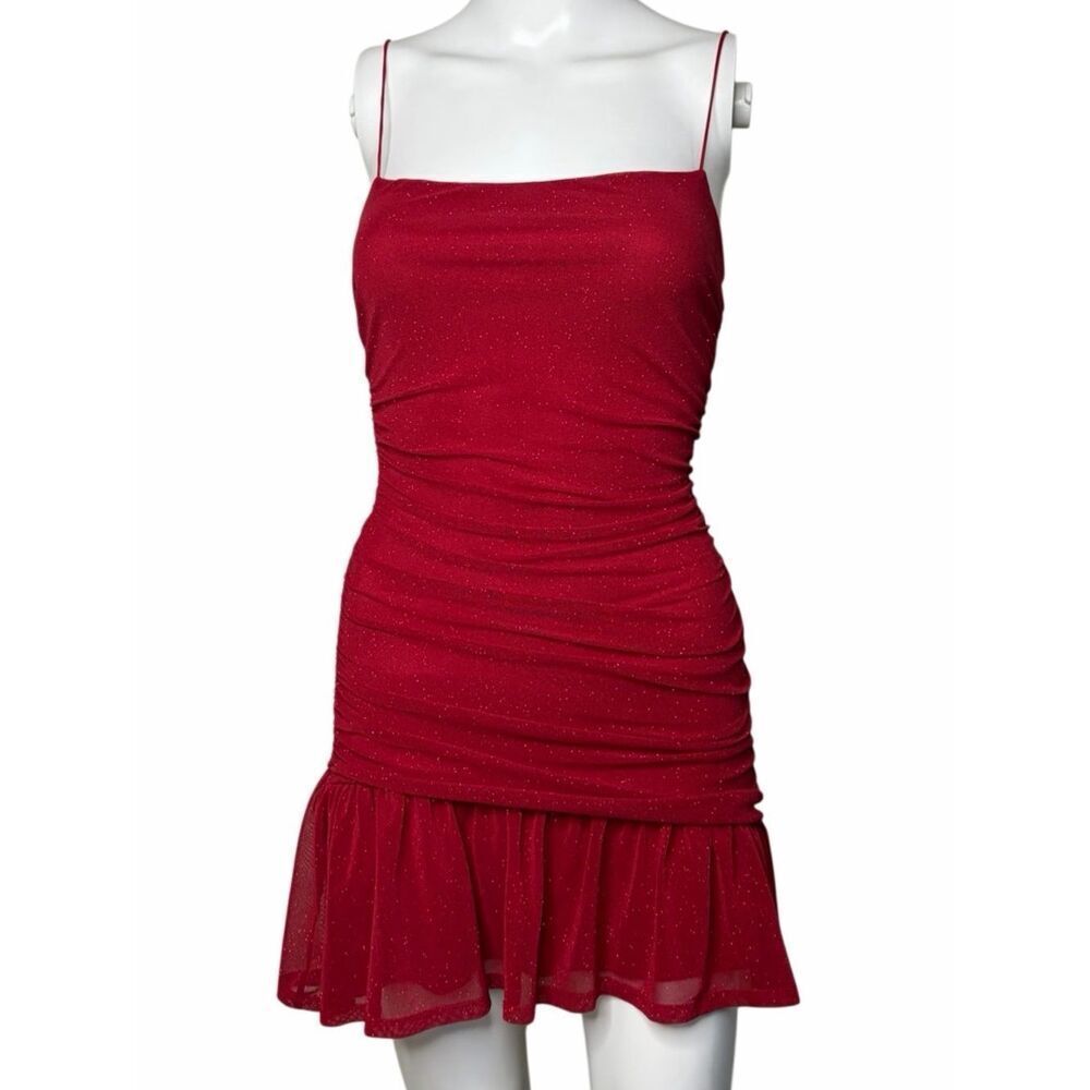 Q Red Sparkle Ruched Slip Dress with Ruffle Hem Size Small